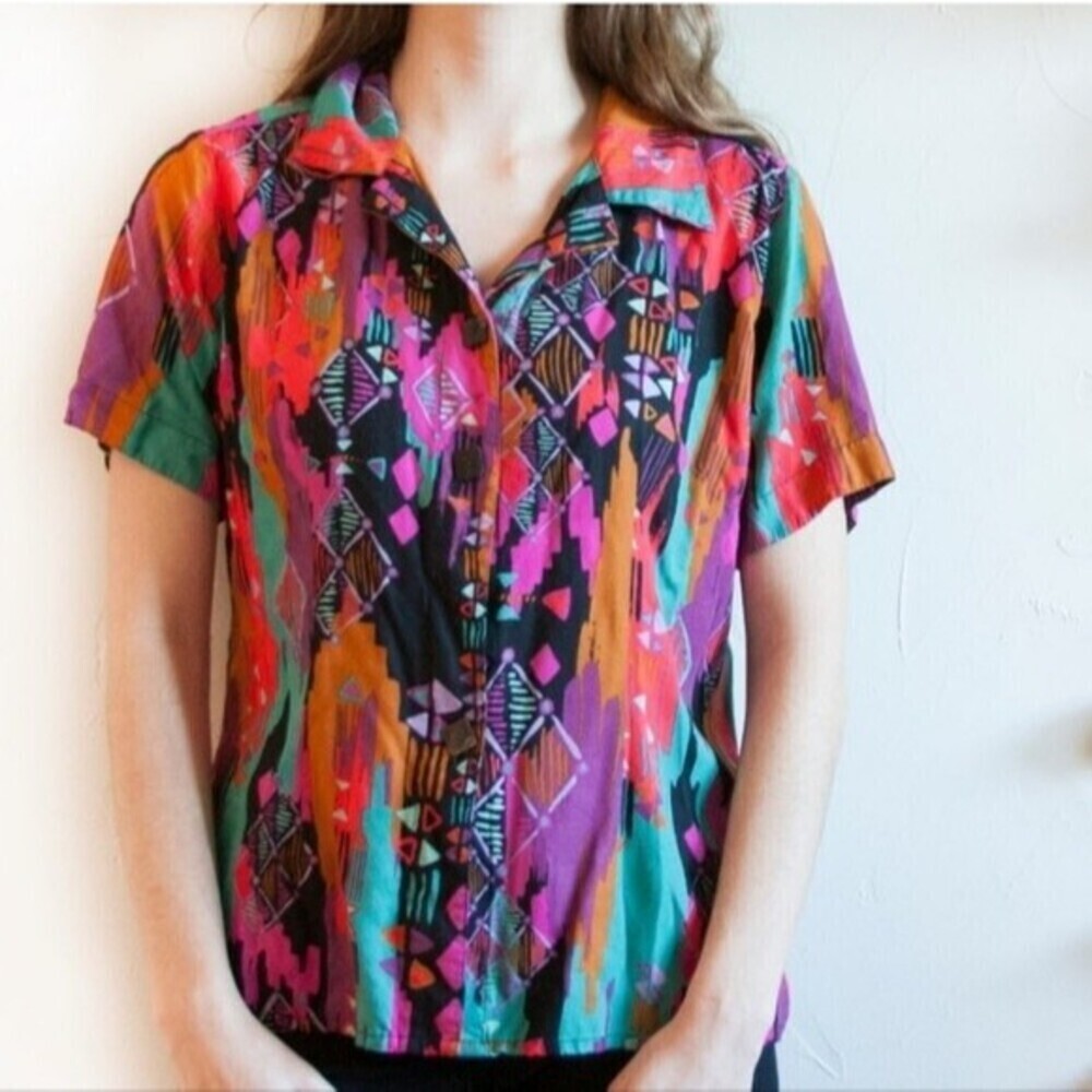 Abstract Tribal Multicolor Button-Down Shirt - Short Sleeve